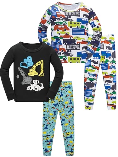 LOLPIP Jungen Pyjamas Langarm 4-teiliges Set Nachtwäsche 100% Baumwolle Kinderkleidung Autos LKW Gedruckte Nachtwäsche 5 Jahre von LOLPIP