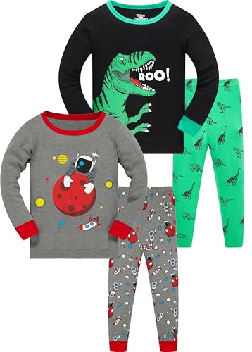 LOLPIP Jungen Pyjamas Langarm 4-teiliges Set Nachtwäsche 100% Baumwolle Kinderkleidung Dinosaurier Astronaut Gedruckt Nachtwäsche 5 Jahre von LOLPIP