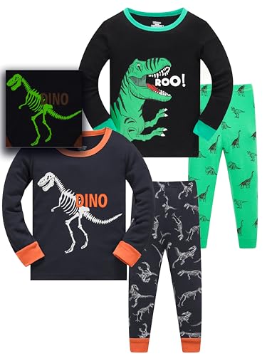 LOLPIP Jungen Pyjamas Langarm 4-teiliges Set Nachtwäsche 100% Baumwolle Kinderkleidung Dinosaurier Gedruckt Glow-in-The-Dark Nachtwäsche 4 Jahre von LOLPIP