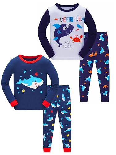 LOLPIP Jungen Pyjamas Langarm 4-teiliges Set Nachtwäsche 100% Baumwolle Kinderkleidung Haie gedruckte Nachtwäsche 5 Jahre von LOLPIP