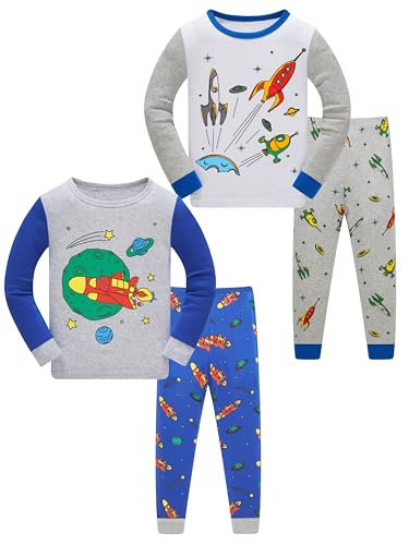 LOLPIP Jungen Pyjamas Langarm 4-teiliges Set Nachtwäsche 100% Baumwolle Kinderkleidung Rocket Planet gedruckte Nachtwäsche 4 Jahre von LOLPIP