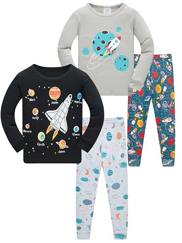 LOLPIP Jungen Pyjamas Langarm 4-teiliges Set Nachtwäsche 100% Baumwolle Kinderkleidung Rocket Printed Nachtwäsche 4 Jahre von LOLPIP