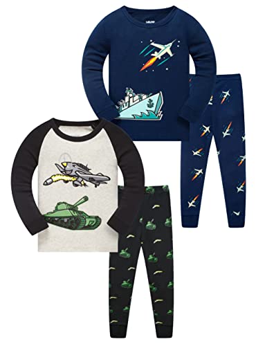 LOLPIP Jungen Pyjamas Set Kinder Kleidung 100% Baumwolle Nachtwäsche Fahrzeuge Gedruckt Flugzeug Schiff Tank Nachtwäsche Langarm 4-5 Jahre von LOLPIP