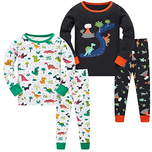 LOLPIP Jungen Schlafanzug 4-teiliges Set Langarm 100% Baumwolle Pyjama Kleinkind Kinder Nachtwäsche Dinosaurier 3 Jahre von LOLPIP