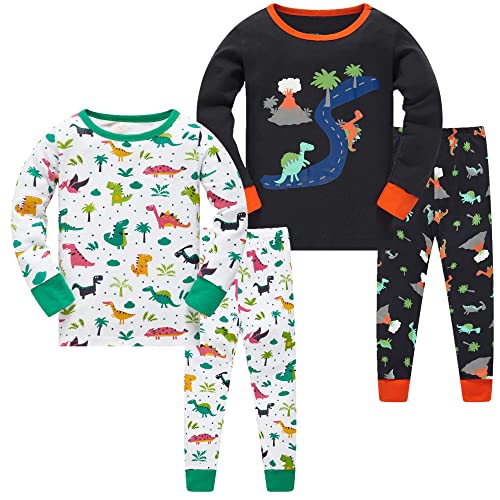 LOLPIP Jungen Schlafanzug 4-teiliges Set Langarm 100% Baumwolle Pyjama Kleinkind Kinder Nachtwäsche Dinosaurier 4-5 Jahre von LOLPIP