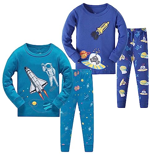 LOLPIP Jungen Schlafanzug 4-teiliges Set Langarm 100% Baumwolle Pyjama Kleinkind Kinder Nachtwäsche Rakete Blau 7-8 Jahre von LOLPIP