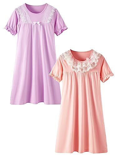 LOLPIP Mädchen Nachthemden 100% Baumwolle Vintage viktorianische Nachthemden 2-Pack Kurzarm Spitze Prinzessin Nachthemd Bowknot Nachtwäsche 6 Jahre von LOLPIP