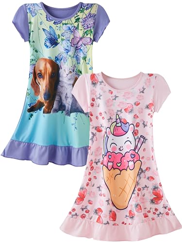 LOLPIP Mädchen Nachthemden Kurzarm Pyjama Nachtkleid Nachthemden für Kinder Nachtwäsche für Mädchen Nachthemd, Einhorn, Welpe, Größe 4-5 Jahre,110 von LOLPIP