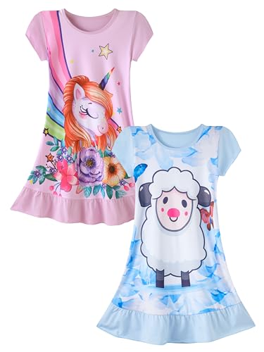 LOLPIP Mädchen Nachthemden Kurzarm Pyjama Nachtkleid Nachthemden für Kinder Nachtwäsche für Mädchen Nachthemd, Einhorn für Schafe, Größe 3-4 Jahre,100 von LOLPIP