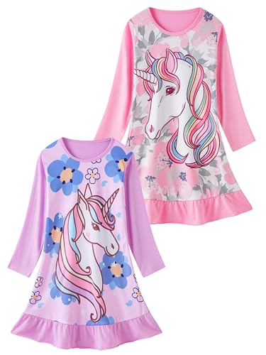 LOLPIP Mädchen Nachthemden Nachtkleid Nachthemden Langarm Pyjama Einhorn Kleid für Kinder Nachthemd Größe S Fit für 3-4 Jahre Kinder von LOLPIP