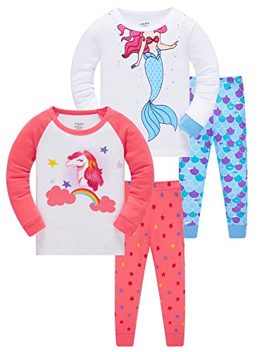 LOLPIP Mädchen Pyjamas 4-teiliges Set Nachtwäsche 100% Baumwolle PJs für Kinder Meerjungfrau Pyjamas Langarm 3-4 Jahre von LOLPIP