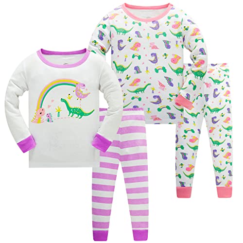 LOLPIP Mädchen Pyjamas Dinosaurier Nachtwäsche 100% Baumwolle Schlafanzug für Kinder Schlafkleidung Langarm 4 Stück Set 2-3 Jahre von LOLPIP