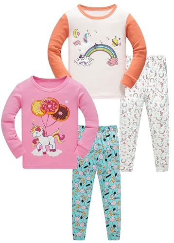 LOLPIP Mädchen Pyjamas Kinder Kleidung 100% Baumwolle Nachtwäsche Set 4-teiliges Einhorn Donut Regenbogen Print Nachtwäsche Langarm 5 Jahre von LOLPIP