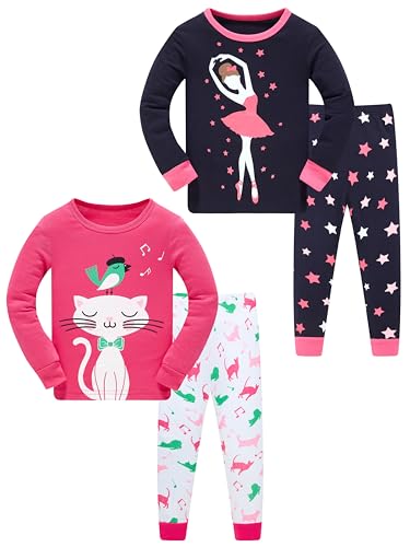 LOLPIP Mädchen Pyjamas Kinder Kleidung 100% Baumwolle Nachtwäsche Set Ballerina Katze Nachtwäsche Langarm 4-teilig 12 Jahre von LOLPIP