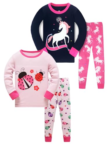 LOLPIP Mädchen Pyjamas Kinder Kleidung 100% Baumwolle Schlafkleidung Set 4-teiliges Einhorn Ladybug Druck Nachtkleidung Langarm 7 Jahre von LOLPIP