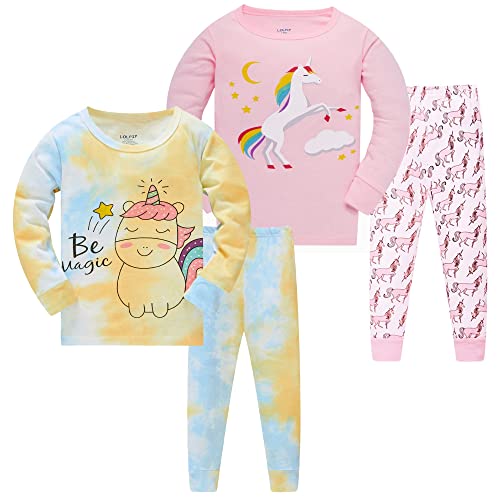 LOLPIP Mädchen Schlafanzug Tie Dye Bedruckte Nachtwäsche 100% Baumwolle Pyjamas für Kinder Einhorn Schlafkleidung Langarm 4 Stück Set 8 Jahre von LOLPIP