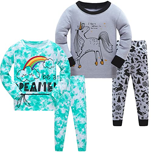 LOLPIP Mädchen Schlafanzug Tie Dye Bedruckte Nachtwäsche Regenbogen 100% Baumwolle Pyjamas für Kinder Einhorn Schlafkleidung Langarm 4 Stück Set 5-6 Jahre von LOLPIP