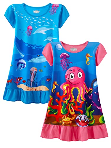 LOLPIP Nachthemden für Mädchen Kleid Kleinkind Kinder Kurzarm Oktopus Wal Nachthemd 2-Pack Nachthemden 5-6 Jahre von LOLPIP