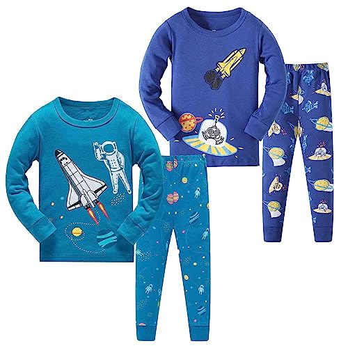 LOLPIP Schlafanzug für Jungen, langärmelig, 4-teilig, für kleine Kinder, Schlafanzug-Set, 2–14 Jahre, Blue Rocket 4 Stück, 4 Jahre von LOLPIP