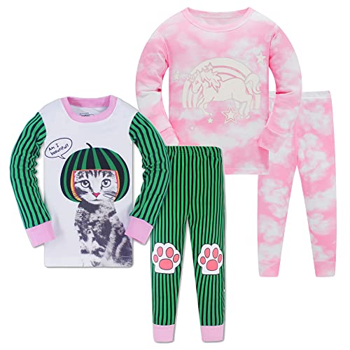 Mädchen Schlafanzug Dinosaurier Nachtwäsche 100% Baumwolle PJs für Kinder Pyjama Langarm 4-teiliges Set, Pinkes Batik-Einhorn + Katze, 14 Jahre von LOLPIP
