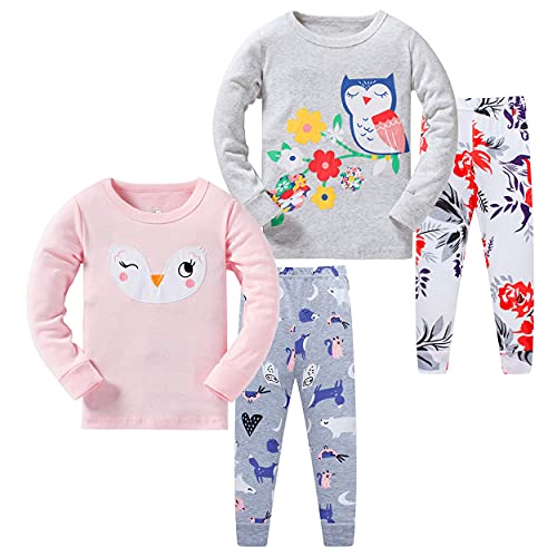 LOLPIP Mädchen Schlafanzug Kinder Nachtwäsche 100% Baumwolle PJs für Kinder Pyjama Langarm 4-teiliges Set 2-12 Jahre, Eule, 4 Stück, 5-6 Jahre von LOLPIP