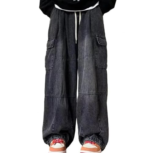 LOMATO Übergroße Cargo Hose Mit Mehreren Taschen Elastische Taille Kordel Zug Einfarbige Baggy-Jeans Hose Mit Weitem Bein,Black,L von LOMATO