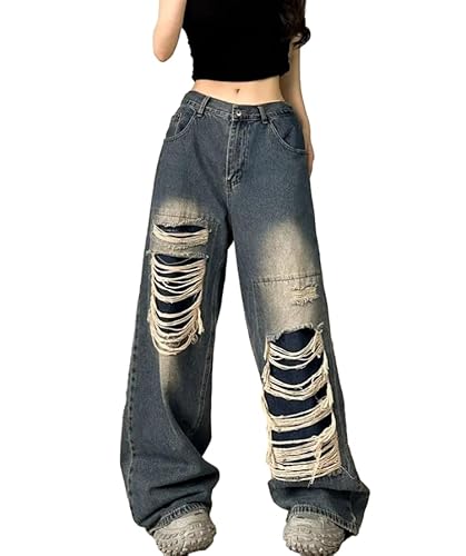 LOMATO Vintage Zerrissene Jeans Frauen Baggy Grunge Y2k Retro Koreanischen Stil Jeans Hosen Gyaru Streetwear Übergroße Boyfriend-Jeans,Blau,M von LOMATO