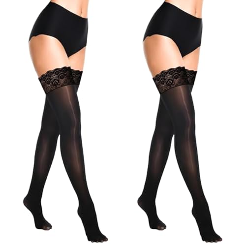 LOMSUXA 2 Paar Halterlose Strümpfe Damen halterlose strümpfe damen Schwarzer halterlose strümpfe für damen mit Spitze Hohe Oberschenkel Seidenstrümpfe mit Rutschfestem Silicone von LOMSUXA