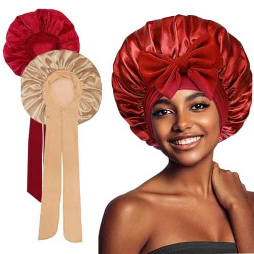 LOMSUXA 2 Stück Seidenhaube zum Schlafen, Schlafhaube Seide Verstellbare Satin Haarhaube Atmungsaktive Haarhaube für die Nacht Weiche Silk Bonnet Schlafmütze, Satin Haarhaube für Damen und Mädchen von LOMSUXA