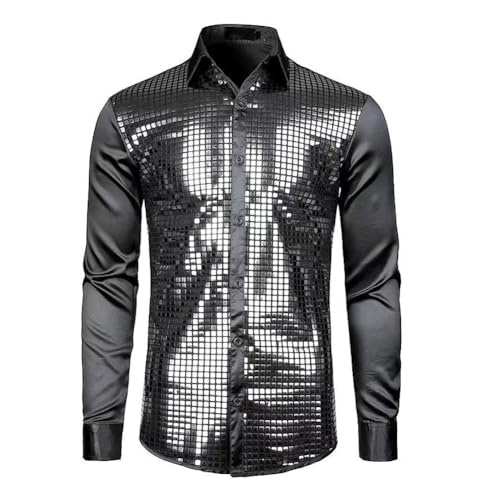 LOMUG Men in Black Kostüm, Herren Kleidung 70er 80er Disco Party Kostüm, Pailletten Hemd 70er Hemd Herren Langarm Herren-Hemd Slim Fit Hemden Hemd Männer Kostüm für Karneval Kinder Erwachsene, XL von LOMUG