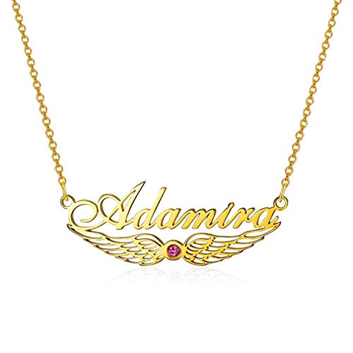 LONAGO 925 Sterling Silber Engelsflügel Personalisierte Namenskette mit Birthstone Customized Beliebige Namensanhänger Halskette (Gelbes Gold, Kupfer) von LONAGO