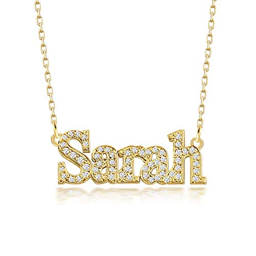 LONAGO 925 Sterling Silber Kristall Personalisierte Namenskette 5A Zirkonia Sonderanfertigung mit Jedem Namen Anhänger Halskette Schmuck (yellow gold plated sterling silver) von LONAGO