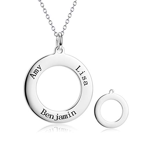 LONAGO 925 Sterling Silber Personalisierte Kreis Halskette Benutzerdefinierte Drei Namen Gravierte Disc Anhänger Halskette Schmuck (white-gold-plated-silver) von LONAGO