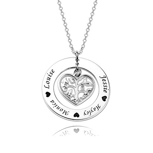 LONAGO 925 Sterling Silber Personalisierte Lebensbaum Halskette Benutzerdefinierte Name Herzförmige Stammbaum Anhänger Halskette Schmuck (white-gold-plated-silver) von LONAGO