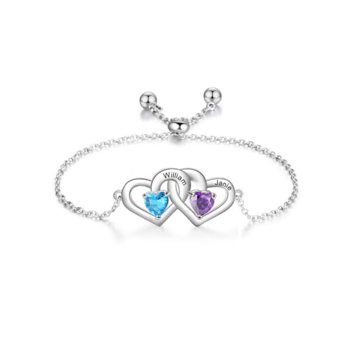LONAGO 925 Sterling Silber Personalisierte Name Armband Herz Geformt Benutzerdefinierte Zwei Namen mit Geburtsstein Armband für Frauen (Stil 3-Weißgold) von LONAGO