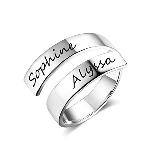 LONAGO 925 Sterling Silber Personalisierte Name Ring Einstellbare Benutzerdefinierte Gravierte Zwei Namen Offenen Ring Schmuck (white-gold-plated-silver) von LONAGO