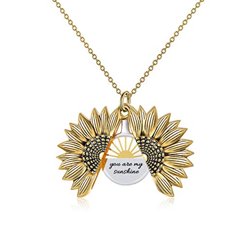 LONAGO 925 Sterling Silber Personalisierte Namenskette Offenes Medaillon Graviert Sie Sind Mein Sonnenschein Sonnenblumen Anhänger Halskette Schmuck (Style 2-yellow gold) von LONAGO