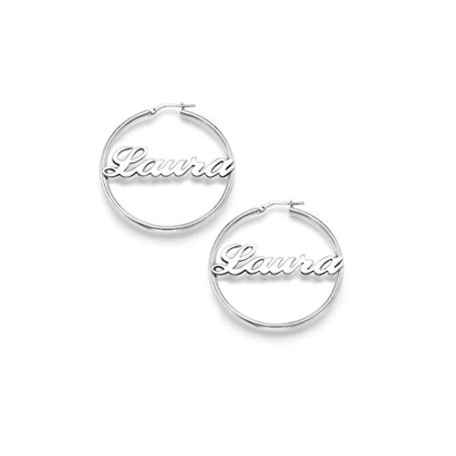 LONAGO 925 Sterling Silber Personalisierte Ohrringe Namen Runden Kreis Endlose Creolen mit Jedem Namen Brief Geschenke (Rundes 1-weiß vergoldetes Kupfer) von LONAGO