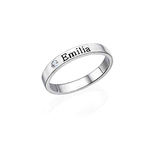 LONAGO 925 Sterling Silber Personalisierter Namensring Benutzerdefiniert Beliebiger Namensring Schmuck mit Geburtsstein für Frauen (white gold plated silver) von LONAGO