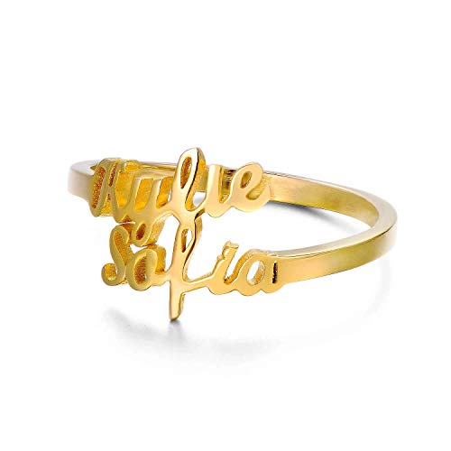 LONAGO 925 Sterling Silber Personalisierter Namensring Benutzerdefinierte Zwei Namen Ring Schmuck für Frauen (Yellow Gold, Silber) von LONAGO