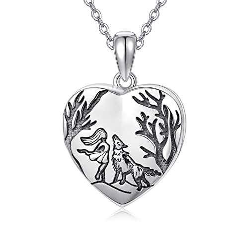 LONAGO 925 Sterling Silber Personalisiertes Foto Medaillon das Bilder Wolf und Mädchen Herz Medaillon Anhänger Halskette Schmuck Hält von LONAGO