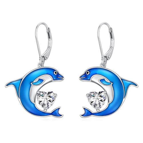 LONAGO Delfin Ohrringe für Damen 925 Sterling Silber Blauer Delfin mit Geburtsstein Tropfen Anhänger Ohrringe （April） von LONAGO