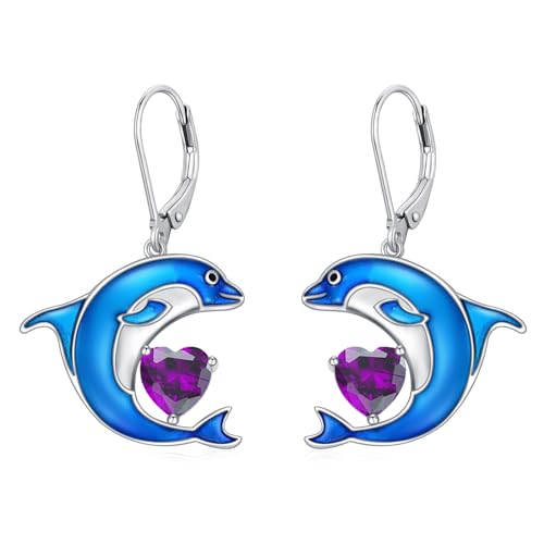 LONAGO Delfin Ohrringe für Damen 925 Sterling Silber Blauer Delfin mit Geburtsstein Tropfen Anhänger Ohrringe (Februar) von LONAGO
