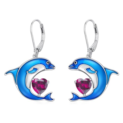 LONAGO Delfin Ohrringe für Damen 925 Sterling Silber Blauer Delfin mit Geburtsstein Tropfen Anhänger Ohrringe (Juli) von LONAGO