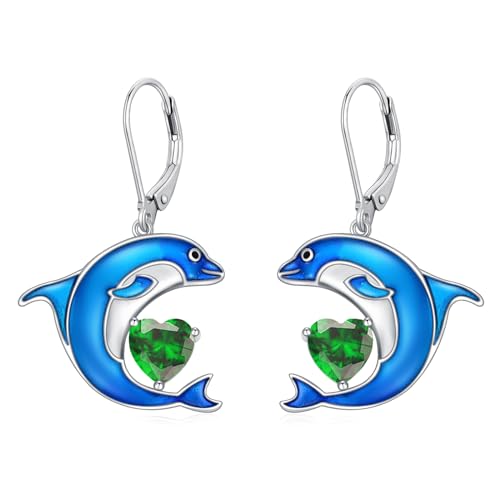 LONAGO Delfin Ohrringe für Damen 925 Sterling Silber Blauer Delfin mit Geburtsstein Tropfen Anhänger Ohrringe (Mai) von LONAGO