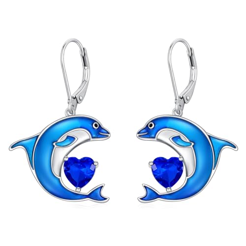 LONAGO Delfin Ohrringe für Damen 925 Sterling Silber Blauer Delfin mit Geburtsstein Tropfen Anhänger Ohrringe (September) von LONAGO