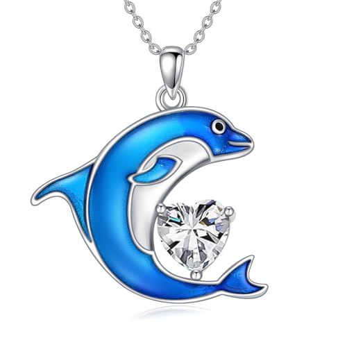 LONAGO Delphin Halskette 925 Sterling Silber Blau Delphin mit Geburtsstein Anhänger Halskette für Frauen (April) von LONAGO