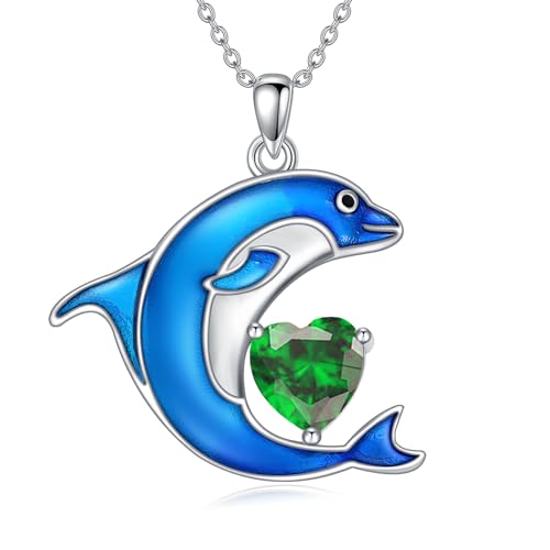 LONAGO Delphin Halskette 925 Sterling Silber Blau Delphin mit Geburtsstein Anhänger Halskette für Frauen (Mai) von LONAGO