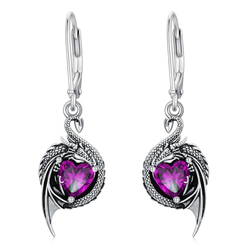 LONAGO Drache Ohrringe für Damen 925 Sterling Silber Schwarzer Drache mit Geburtsstein im Herzschliff Ohrhängern (Februar) von LONAGO
