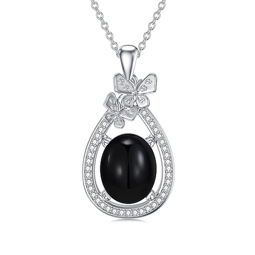 LONAGO Echte Schwarze Onyx Halskette für Frauen 925 Sterling Silber Zwei Schmetterling Anhänger Halskette von LONAGO